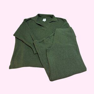 Aerie Cozyup Waffle Set: Polo Sweater and Skater Pant, Olive Green, Size L